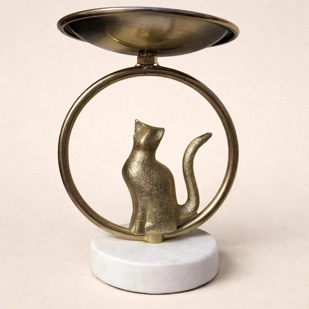 Marble and brass cat candle holder
